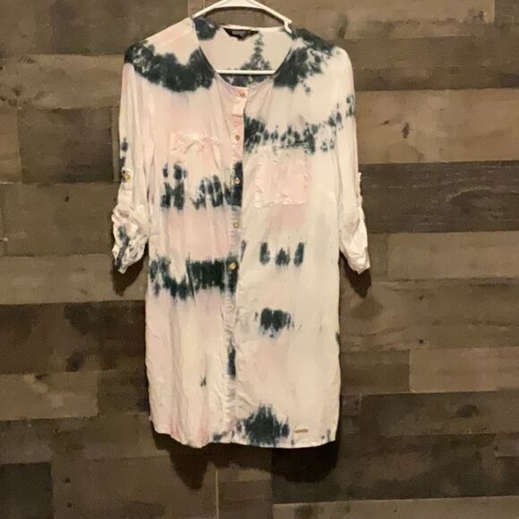 ELLEN TRACY LINEN TIE DYE TUNIC BLACK/ PINK SZ S (c25) - Picture 1 of 6